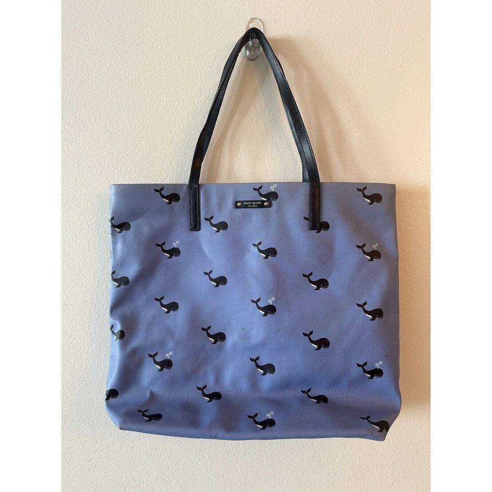 Kate Spade Off We Go Bon Shopper Tote Bag Purse Whale Blue Preppy 17x13" Flaw*